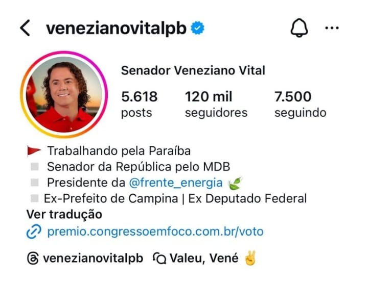 Com a marca de 120 mil, Veneziano é o Senador da Paraíba com maior número de seguidores no Instagram