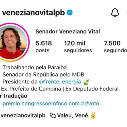 Com a marca de 120 mil, Veneziano é o Senador da Paraíba com maior número de seguidores no Instagram